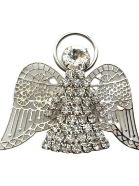 Silver tone ANGEL shape brooch pin with white round rhinestones